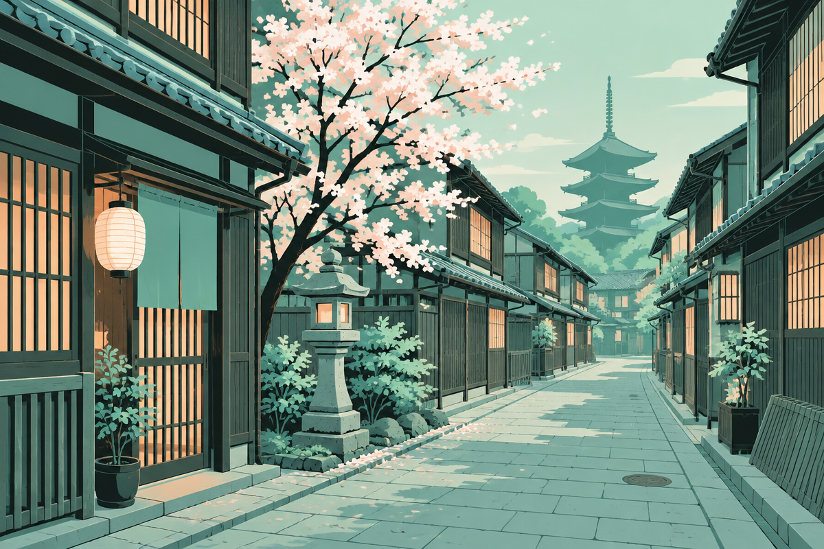A quiet Kyoto street with wooden townhouses and a cherry tree