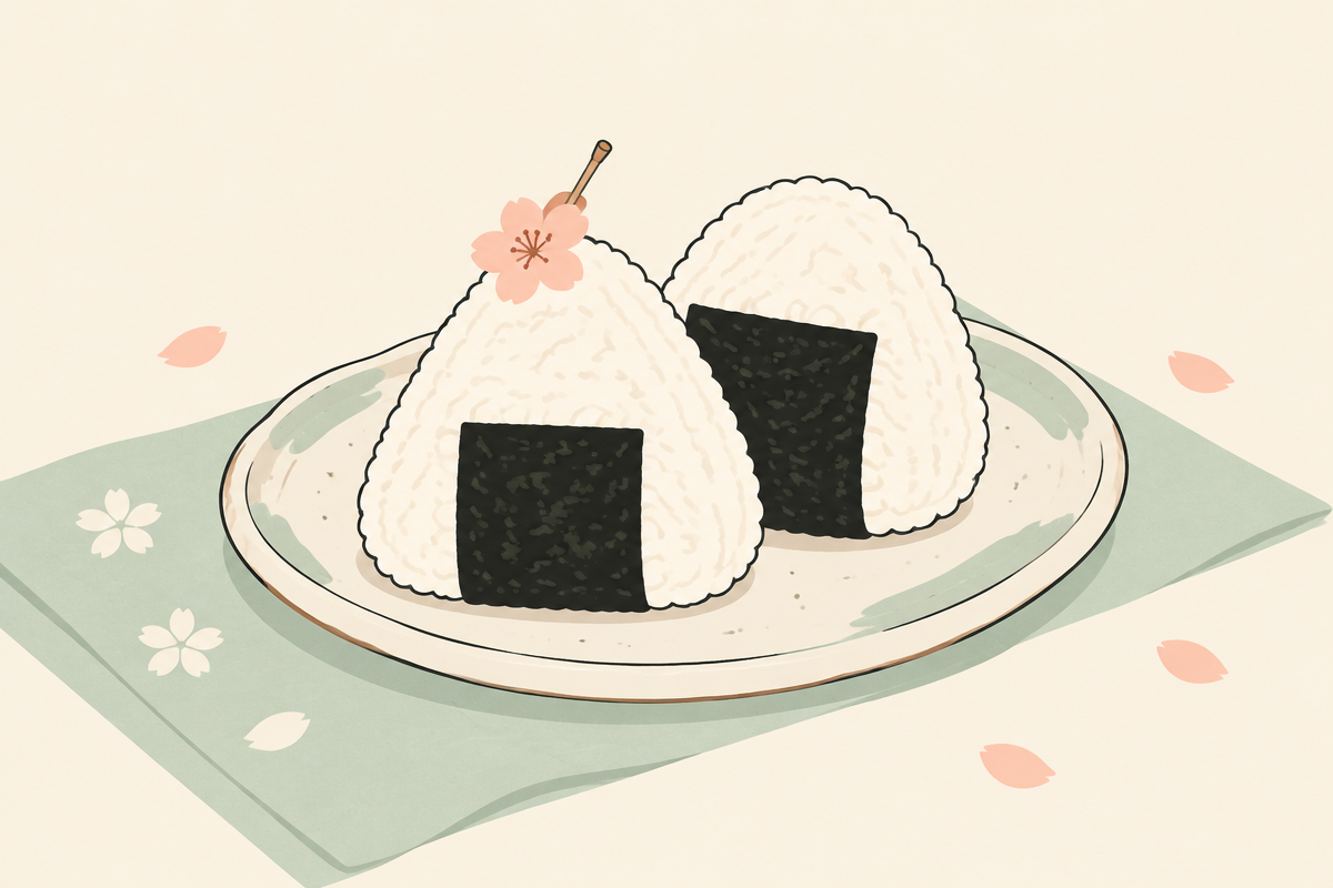 Two onigiri rice balls on a plate over a mint-green cloth