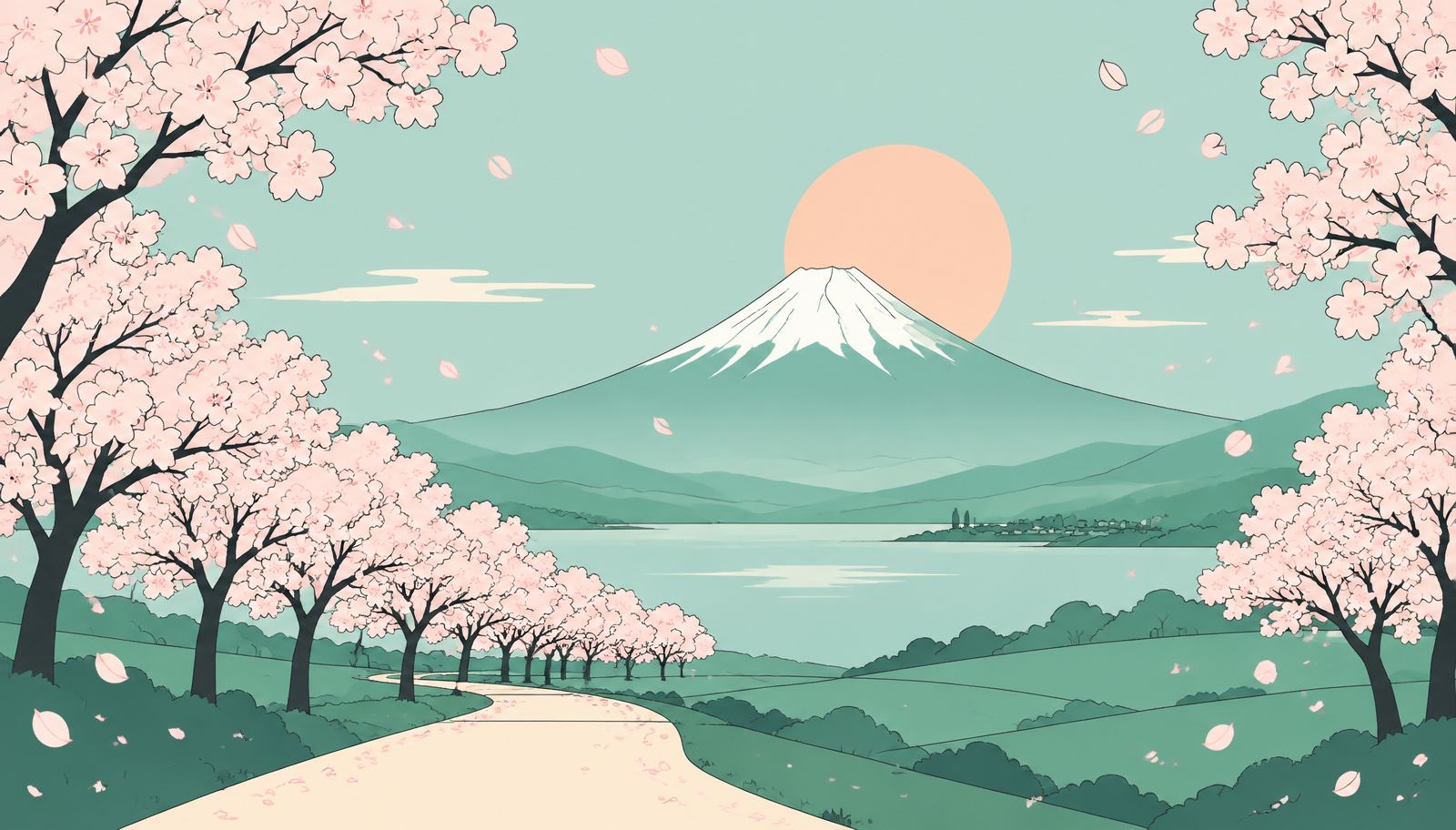 A path lined with cherry blossoms leading towards Mount Fuji under a peach sunrise
